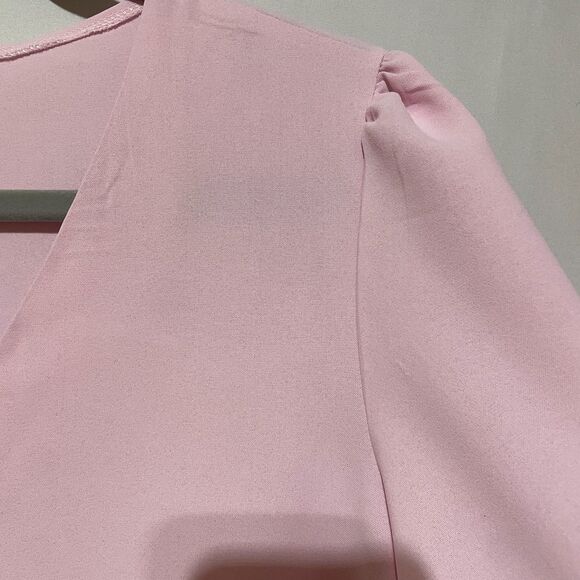 New Lantern Bell Sleeve Dusty Pink V Neck Blouse Top - Picture 8 of 12